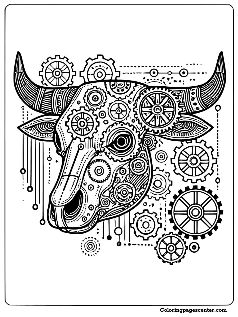 Steampunk cow skull coloring page featuring gears and machinery