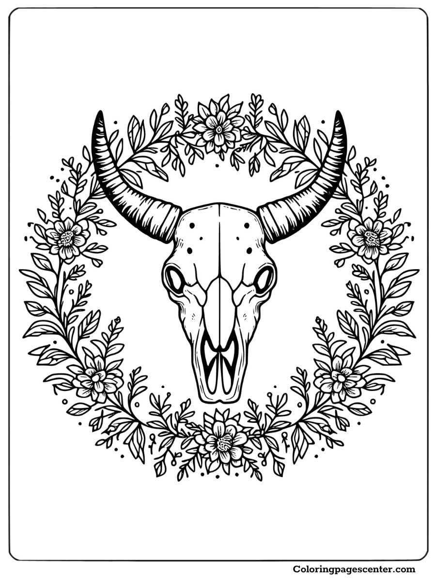 Cow skull in a wreath of flowers and leaves coloring page