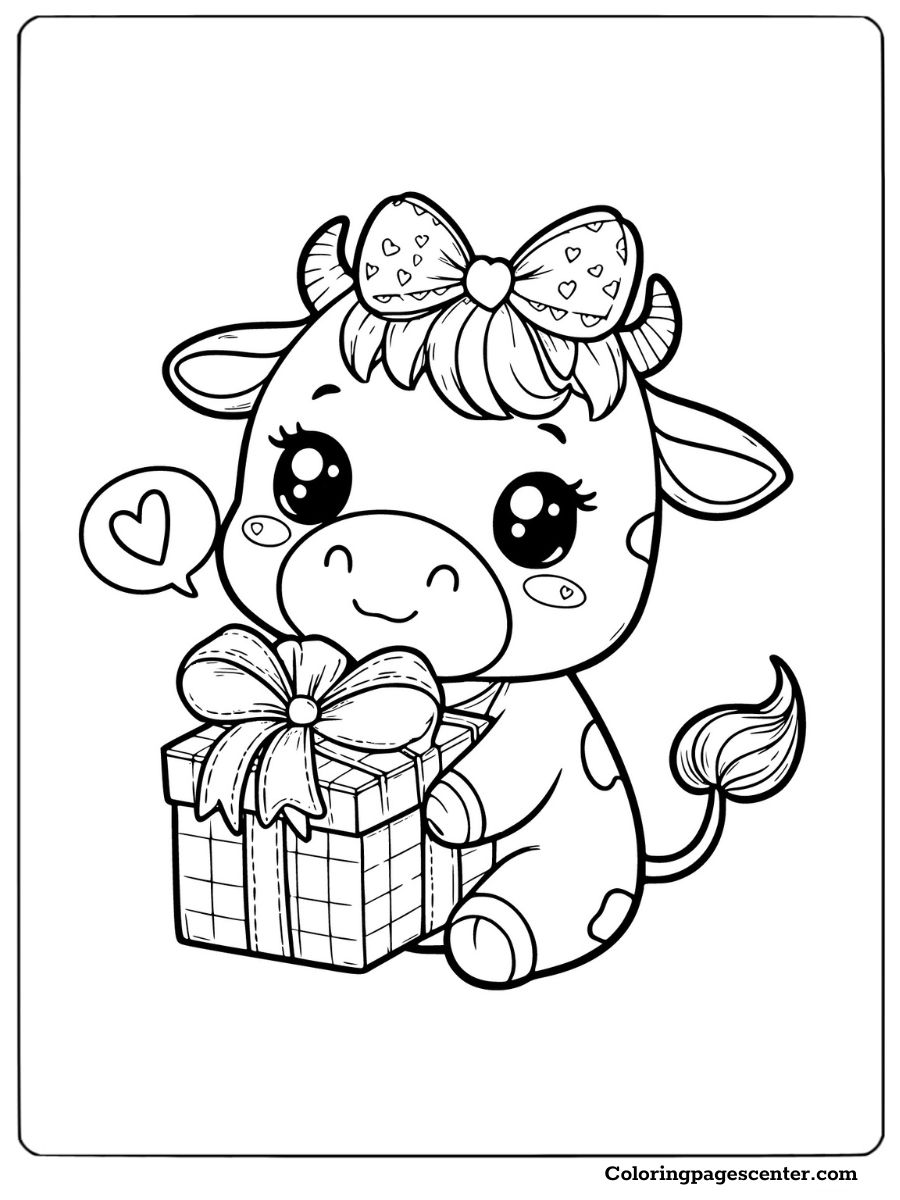 Cute cow with a wrapped gift Valentine's Day coloring page