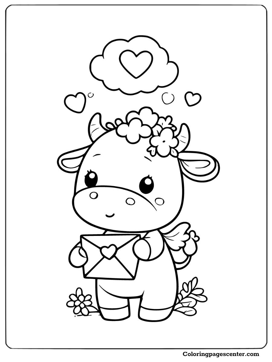 A cute cow dressed as Cupid holding a love letter Valentine's Day coloring page