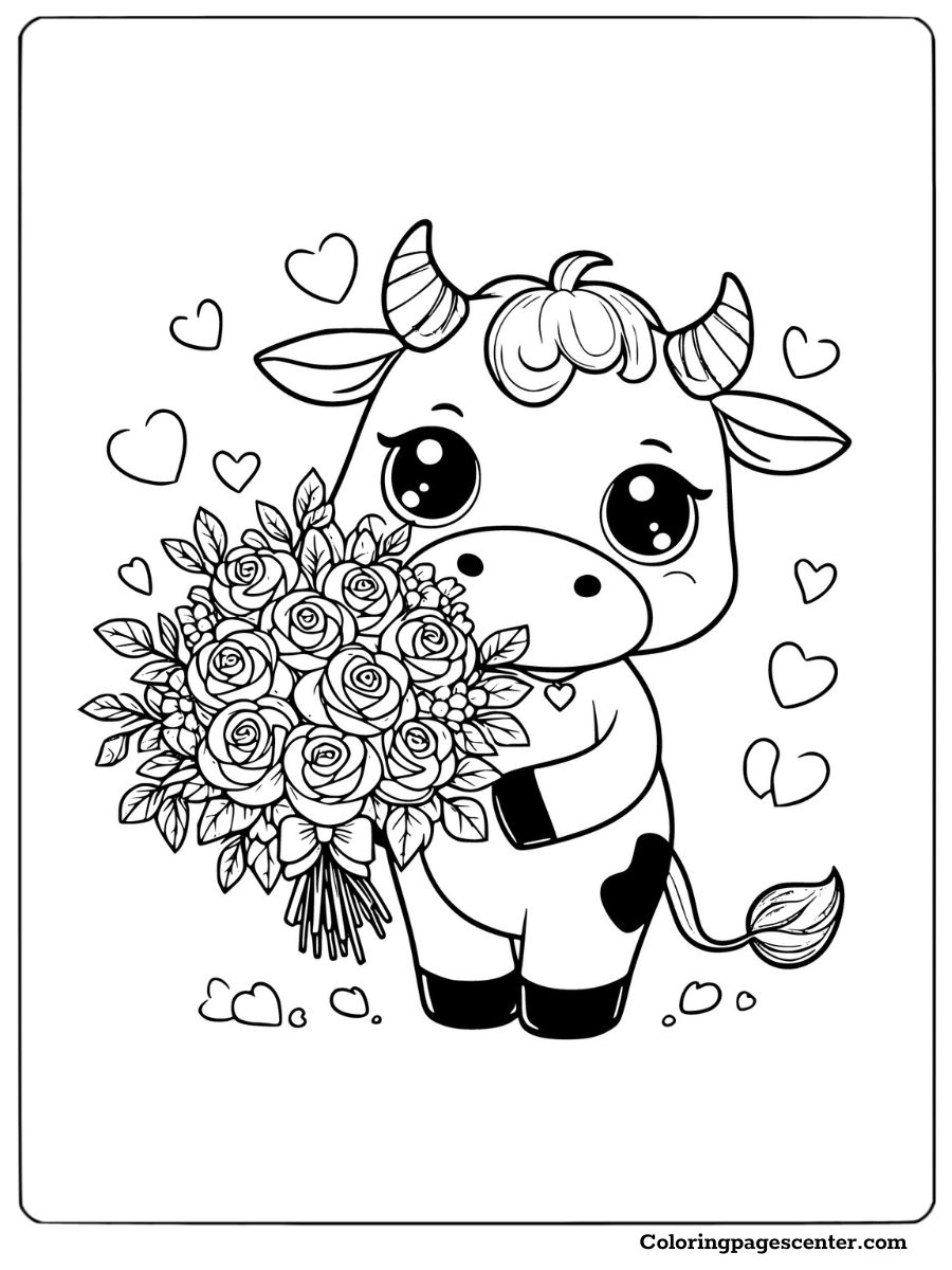 Adorable cow holding a bouquet of roses Valentine's Day coloring page