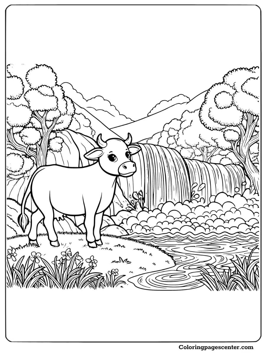 Cow without spots by a waterfall coloring sheet