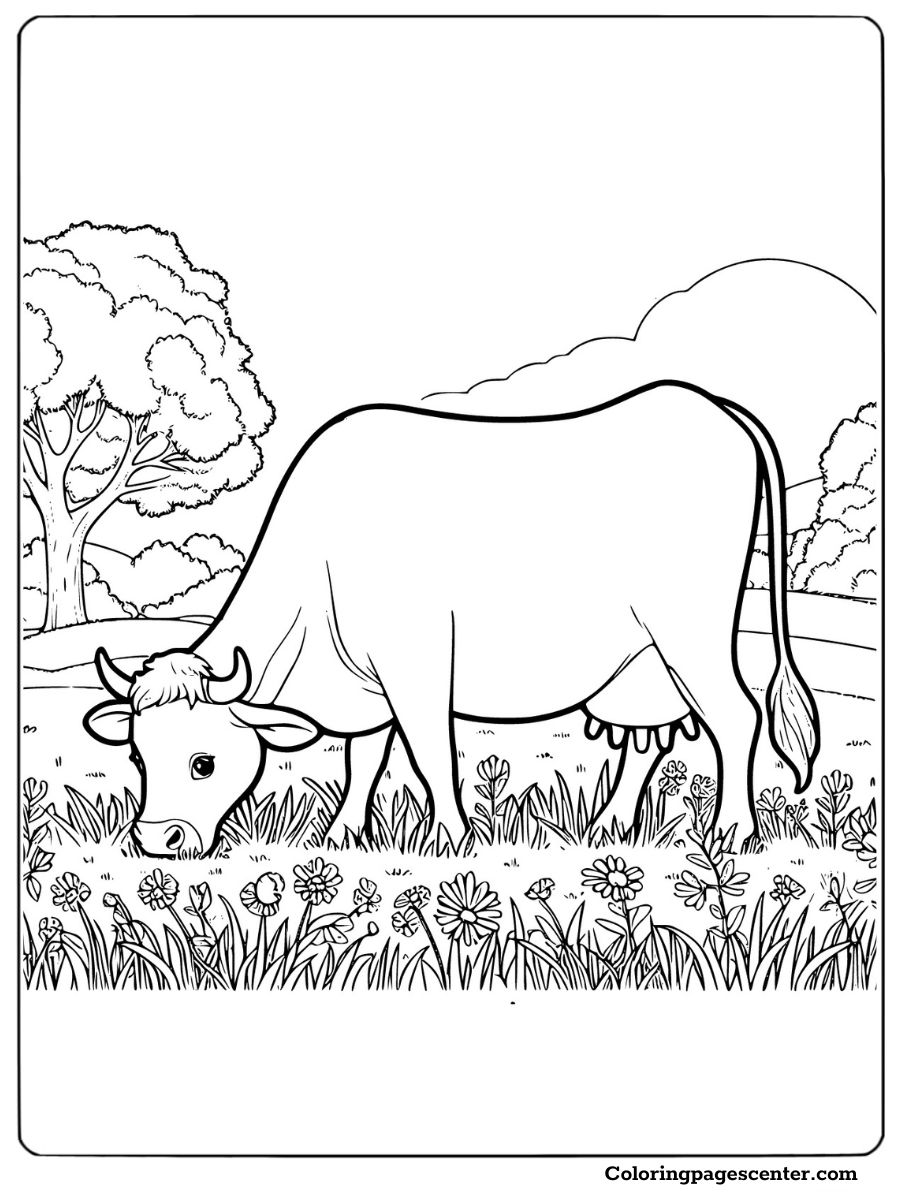 Coloring sheet of a cow without spots grazing on grass