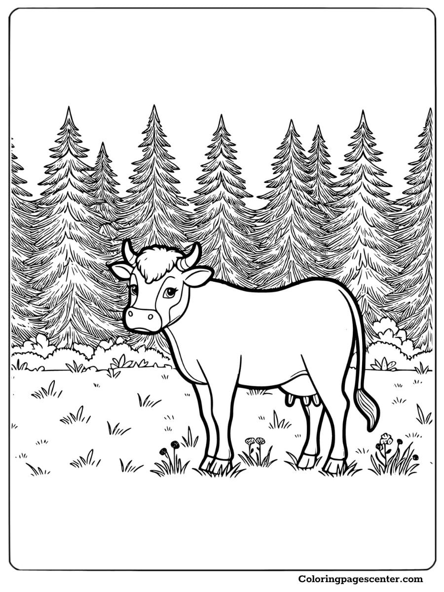 Cow without spots in a forest coloring page