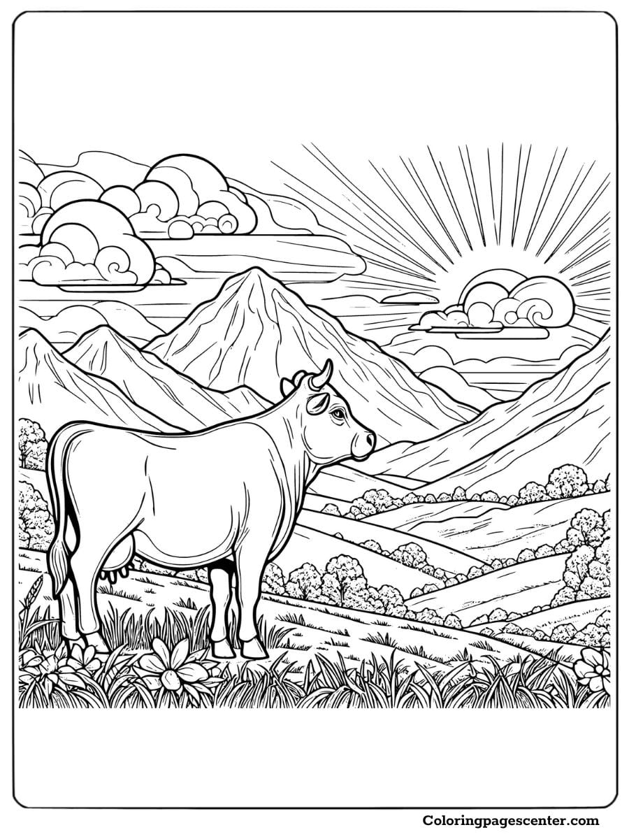 Cow without spots in the mountains coloring page