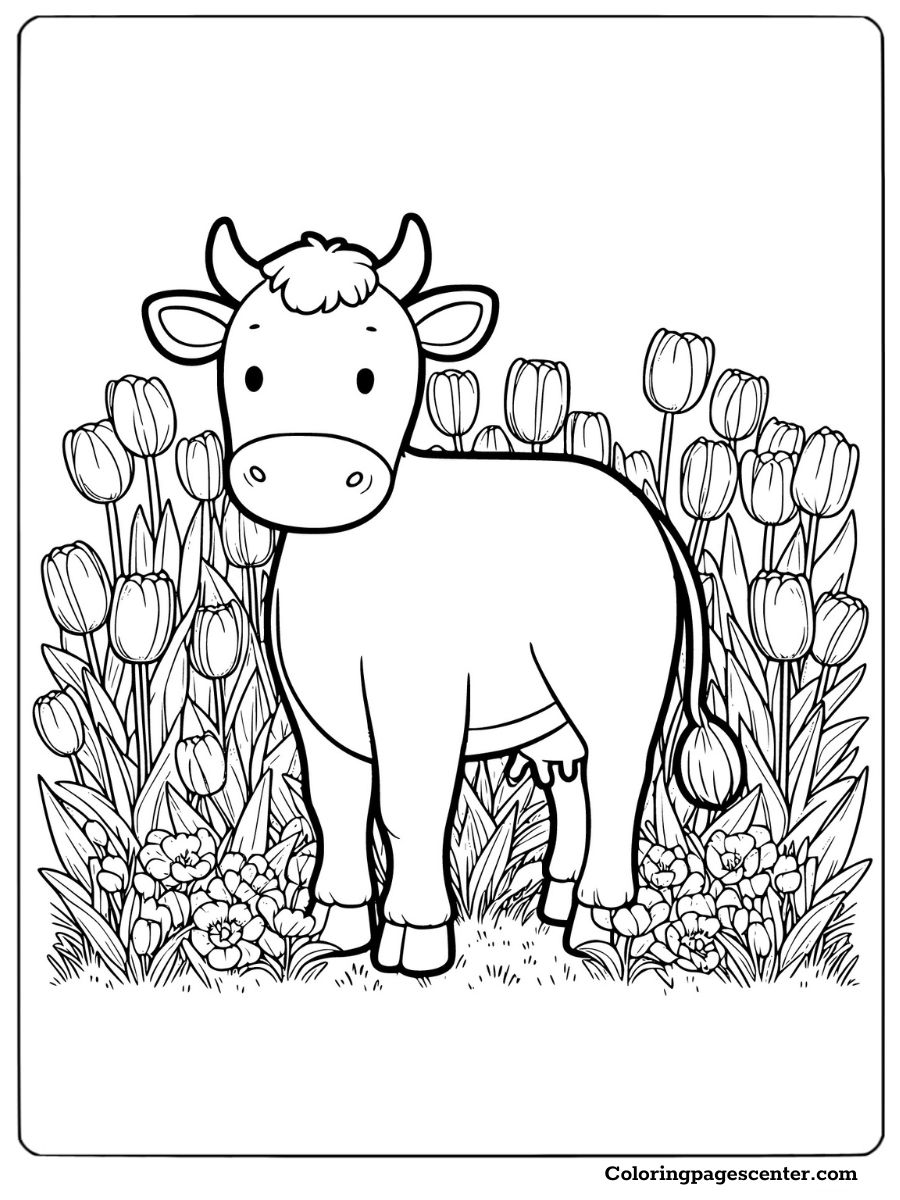 Cow without spots in a tulip field coloring sheet