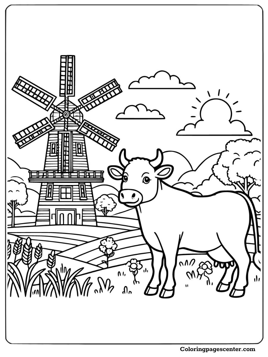 Coloring page of a cow without spots near a windmill