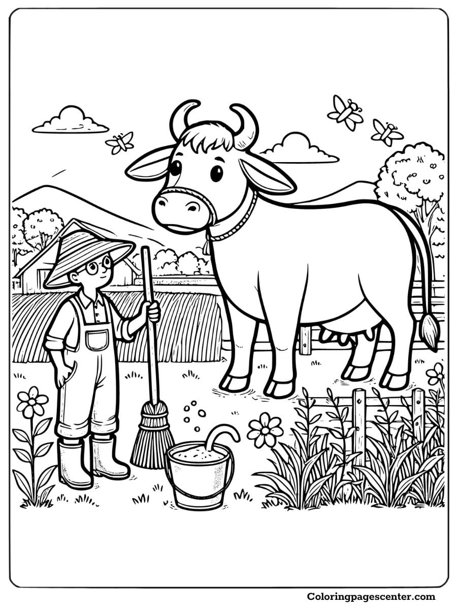 Farmer and a cow without spots coloring sheet