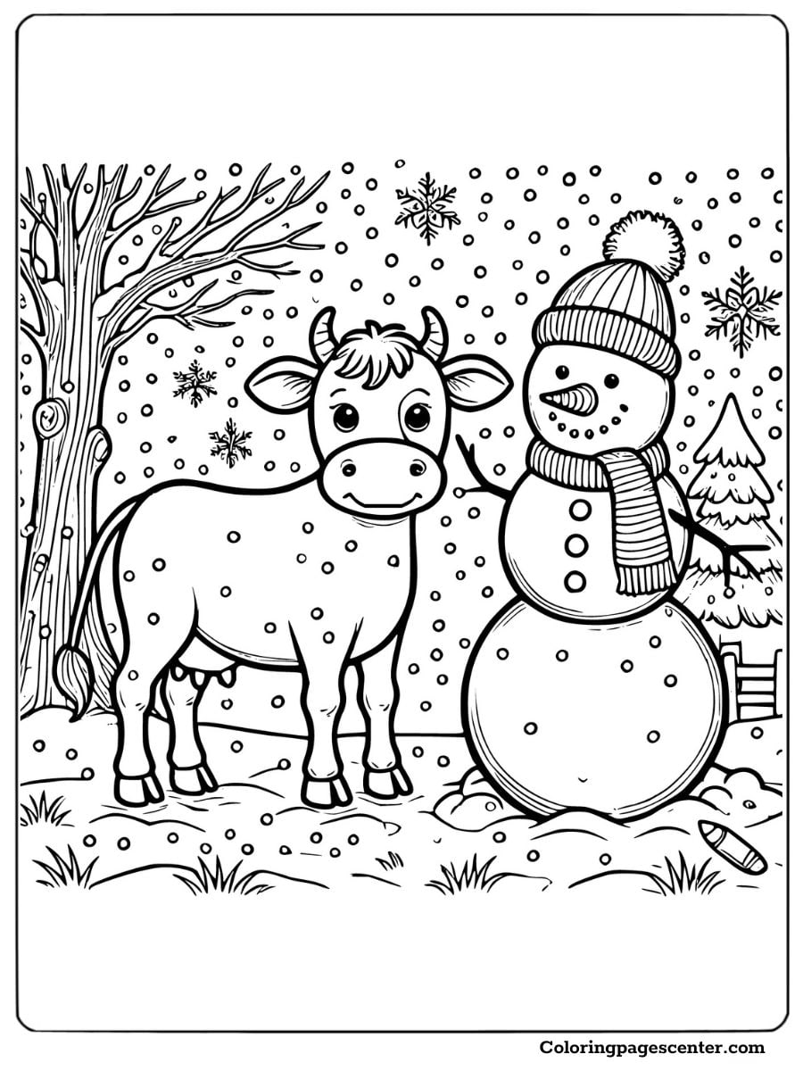 Coloring sheet of a cow without spots with a snowman