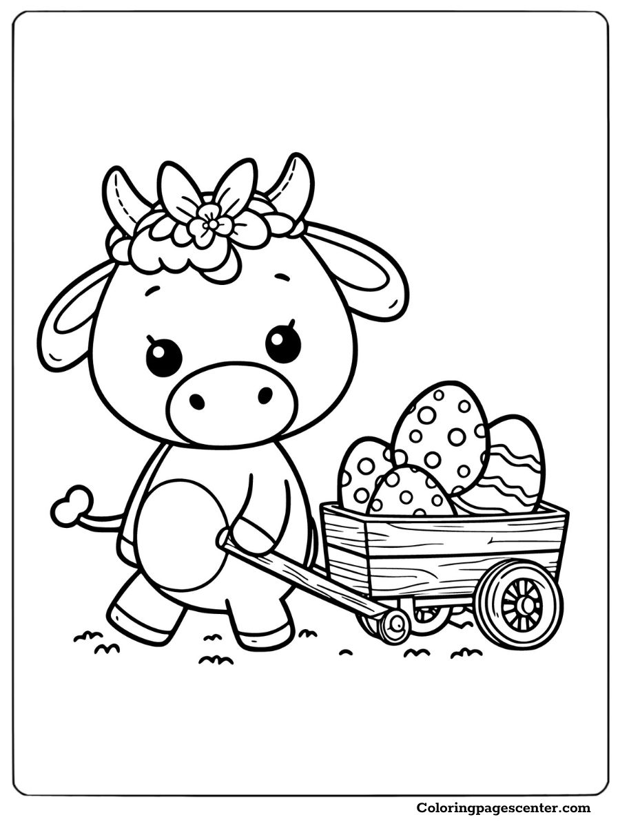 Fun Easter cow coloring sheet with cart full of eggs