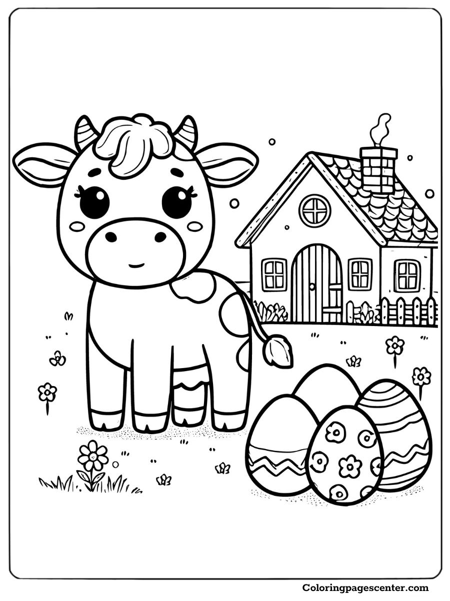 Easter cow coloring page with house and decorated eggs