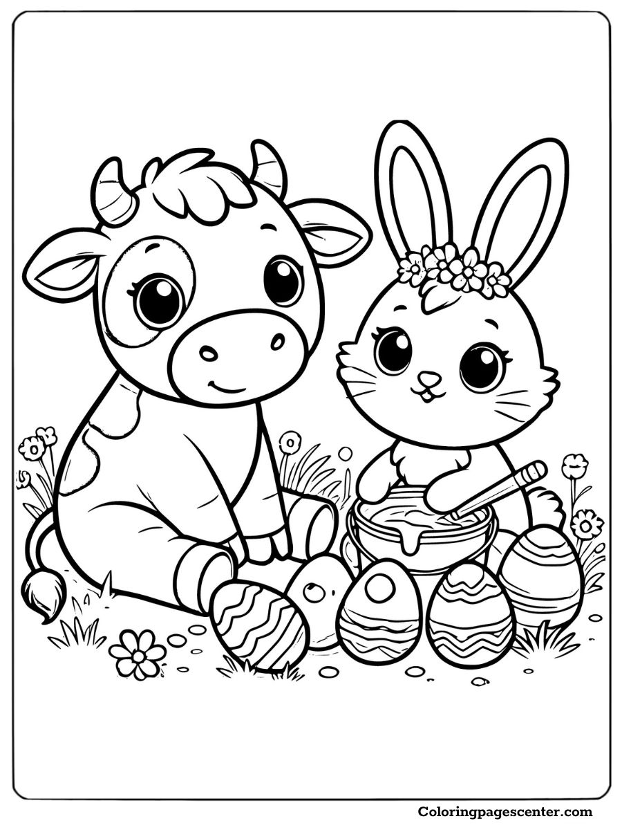 Cute Easter cow and bunny decorating eggs coloring page