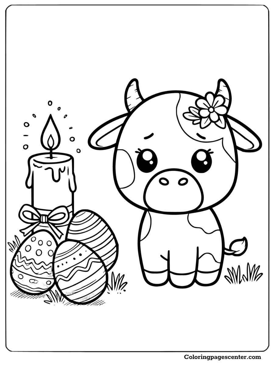 Easter cow coloring page with candle and decorated eggs