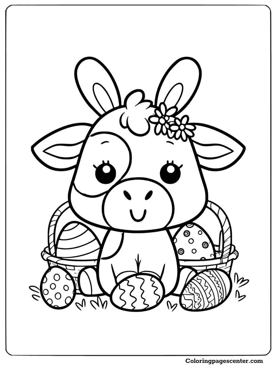 Easter cow coloring sheet with baskets of Easter eggs