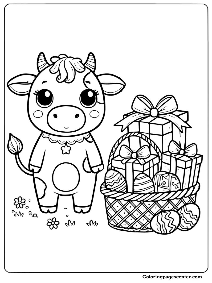 Easter cow coloring page featuring gift basket and eggs