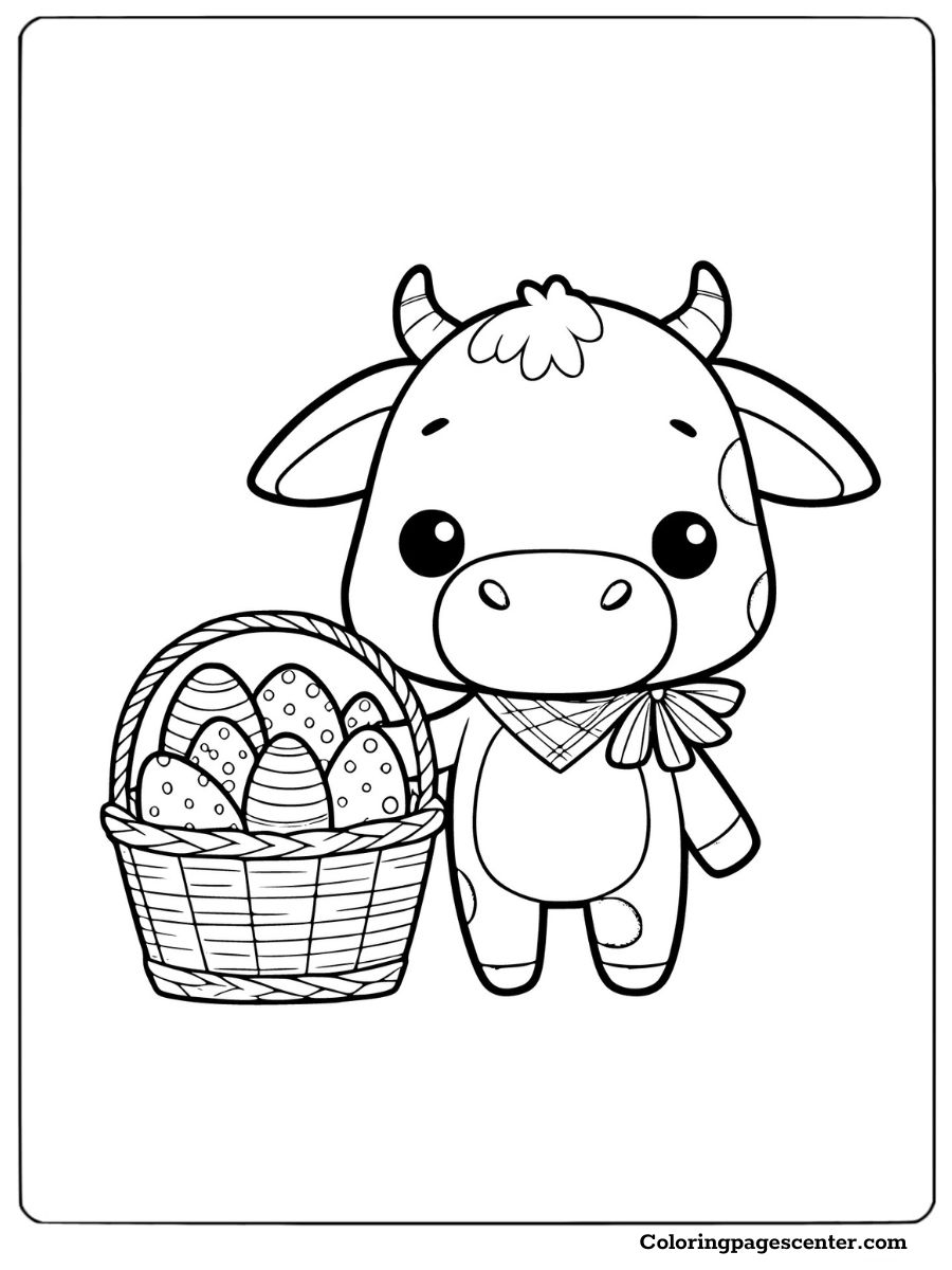 Happy Easter cow holding basket of eggs coloring page