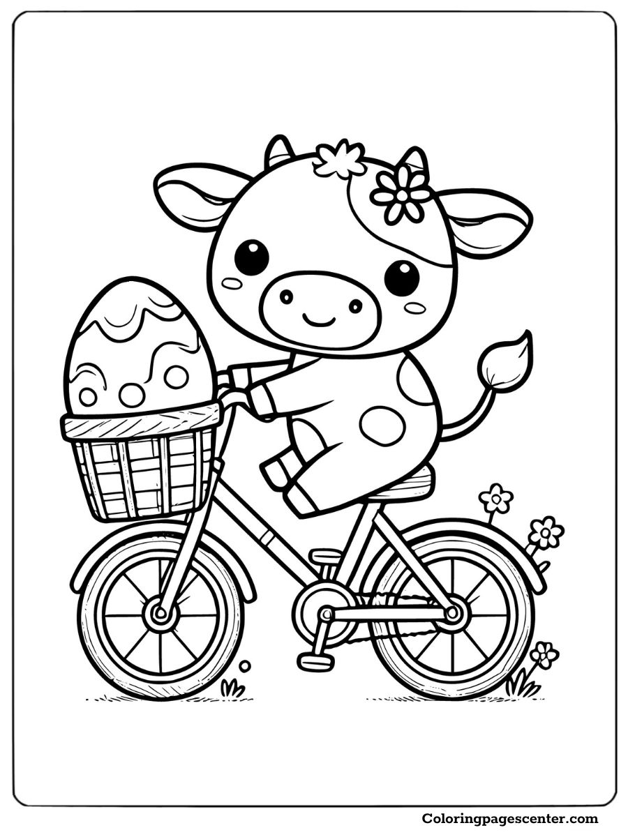 Printable Easter cow coloring page riding bike with egg