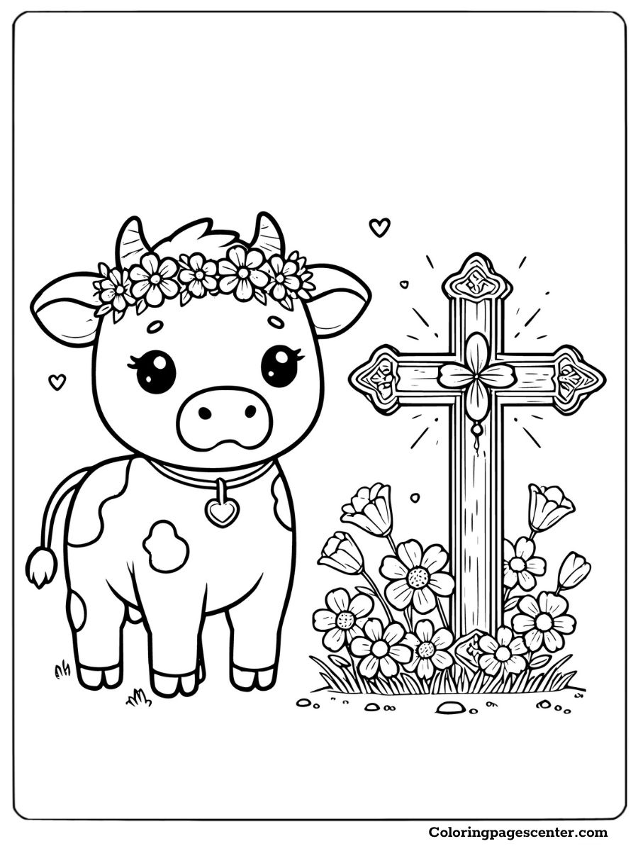 Lovely Easter cow coloring page with floral crown and cross