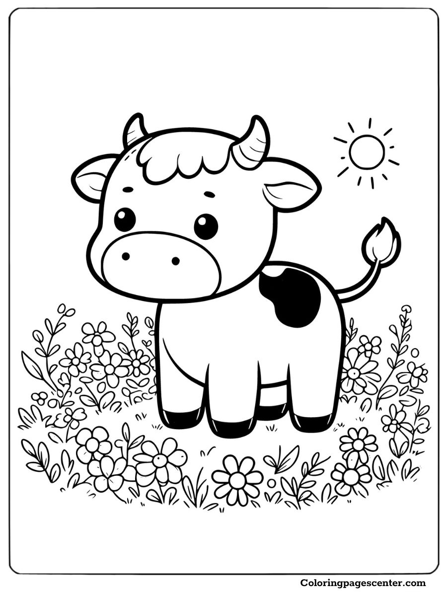 A happy cow standing in a field of flowers under the sun coloring page