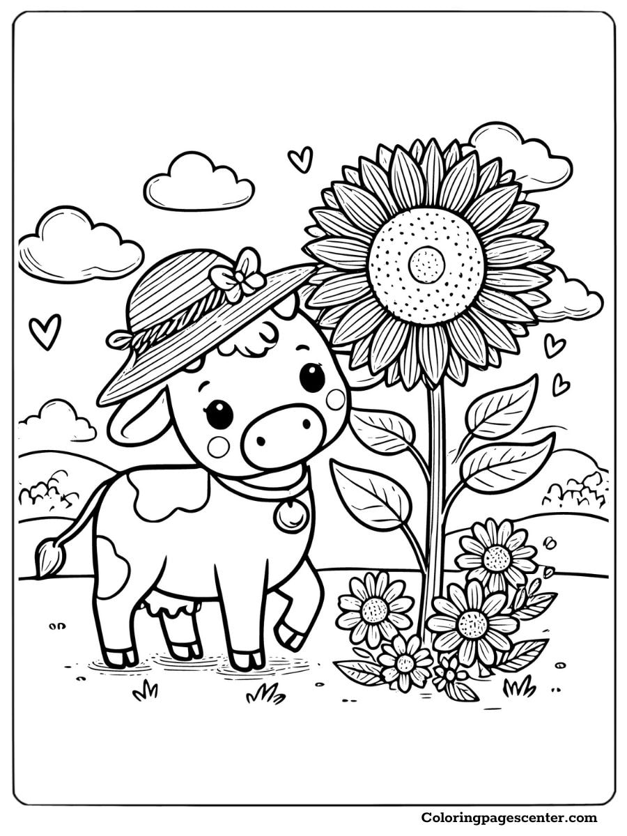 Cute cow wearing a hat standing beside a giant sunflower coloring page