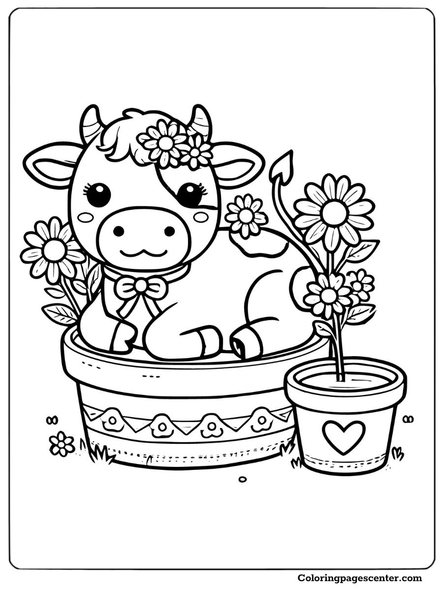 Cute cow resting in a decorated flower pot coloring page