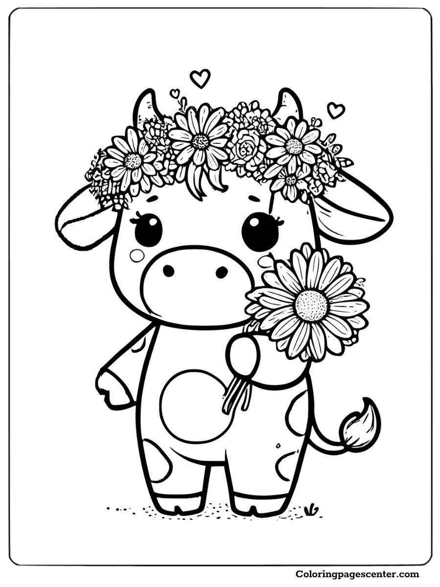 Coloring page of a cute cow holding a daisy with a floral crown