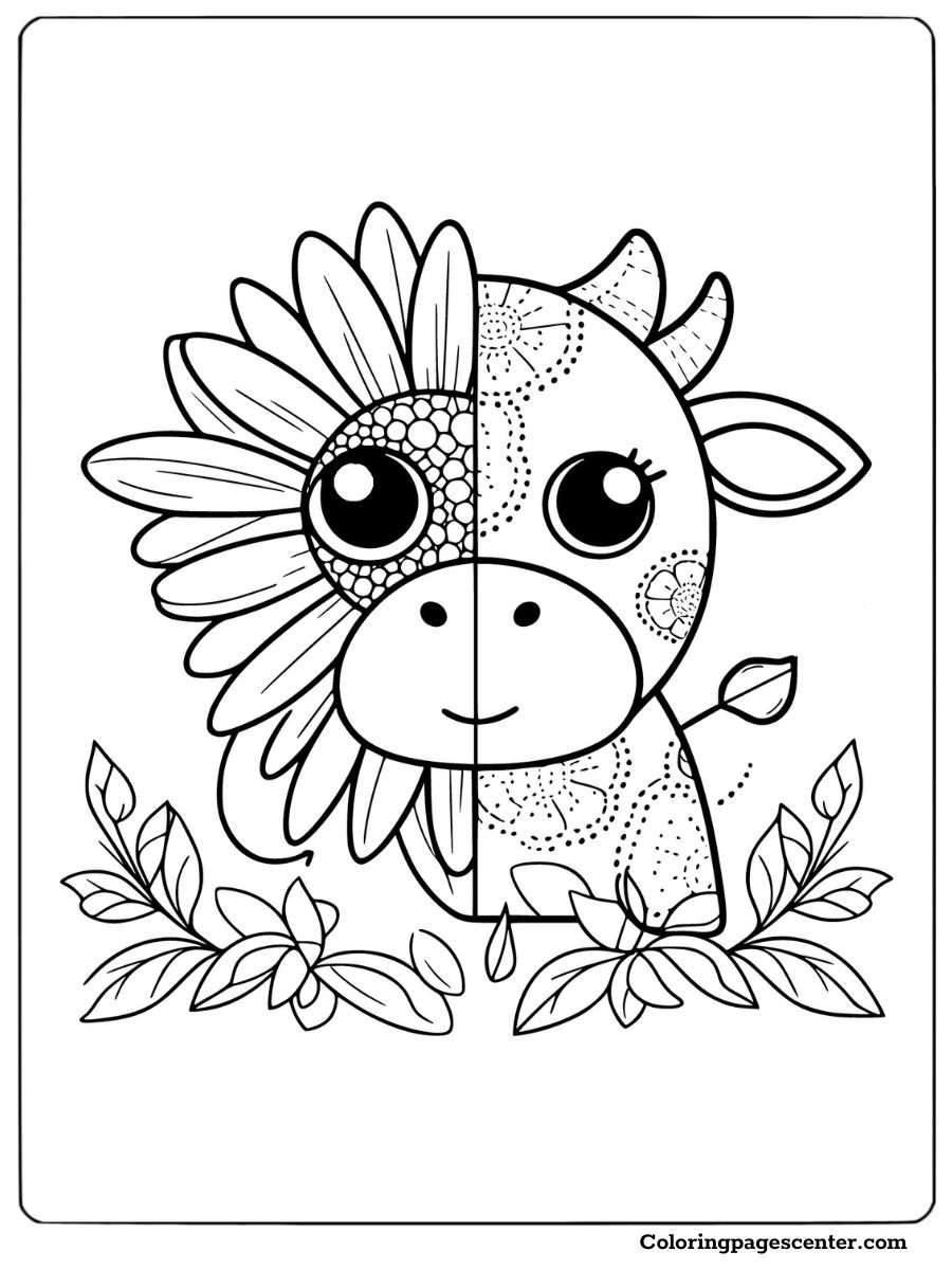 Artistic coloring page of a cow with one side decorated with flowers