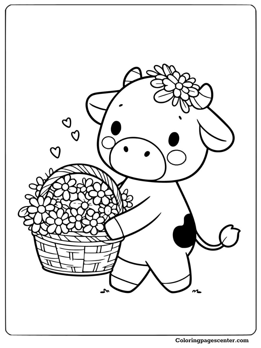 A joyful cow carrying a basket full of flowers coloring page