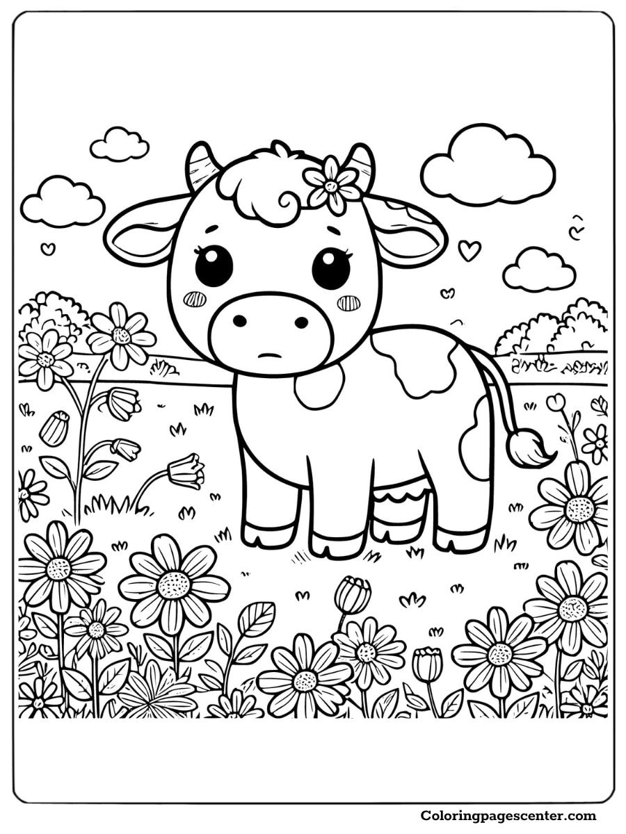 A little cow standing in a meadow filled with flowers coloring page