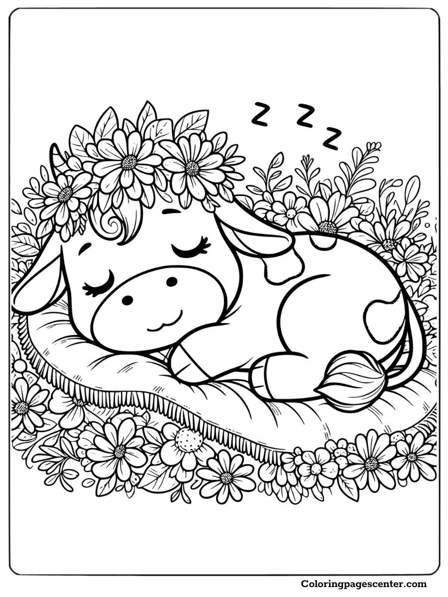 Sleeping cow surrounded by flowers on a soft pillow coloring page