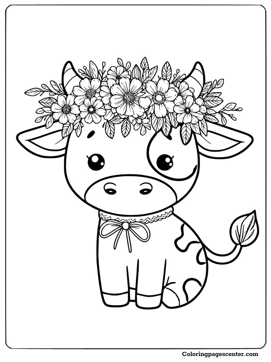 A lovely cow with a floral wreath and a bow coloring page