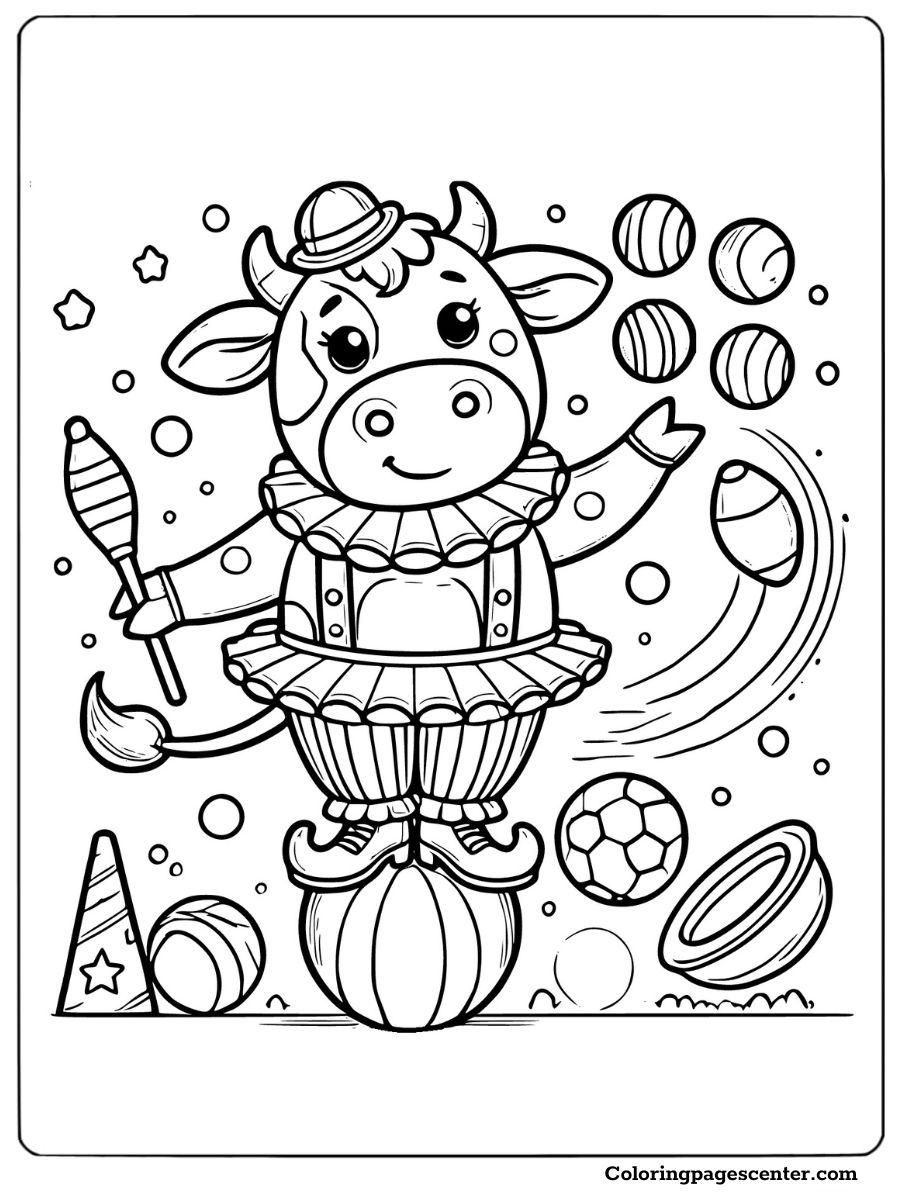 Playful circus cow juggling balls coloring page