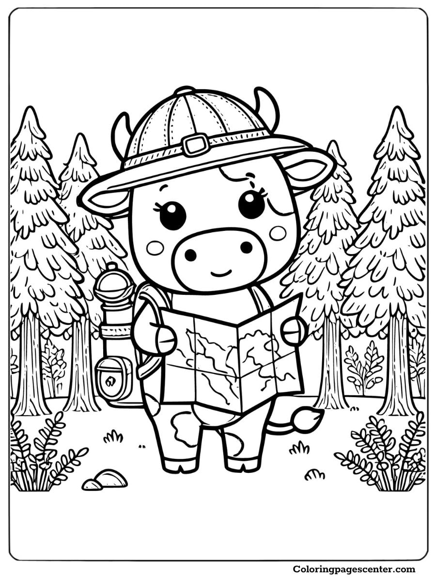 Adventurous cow hiking with a map coloring sheet