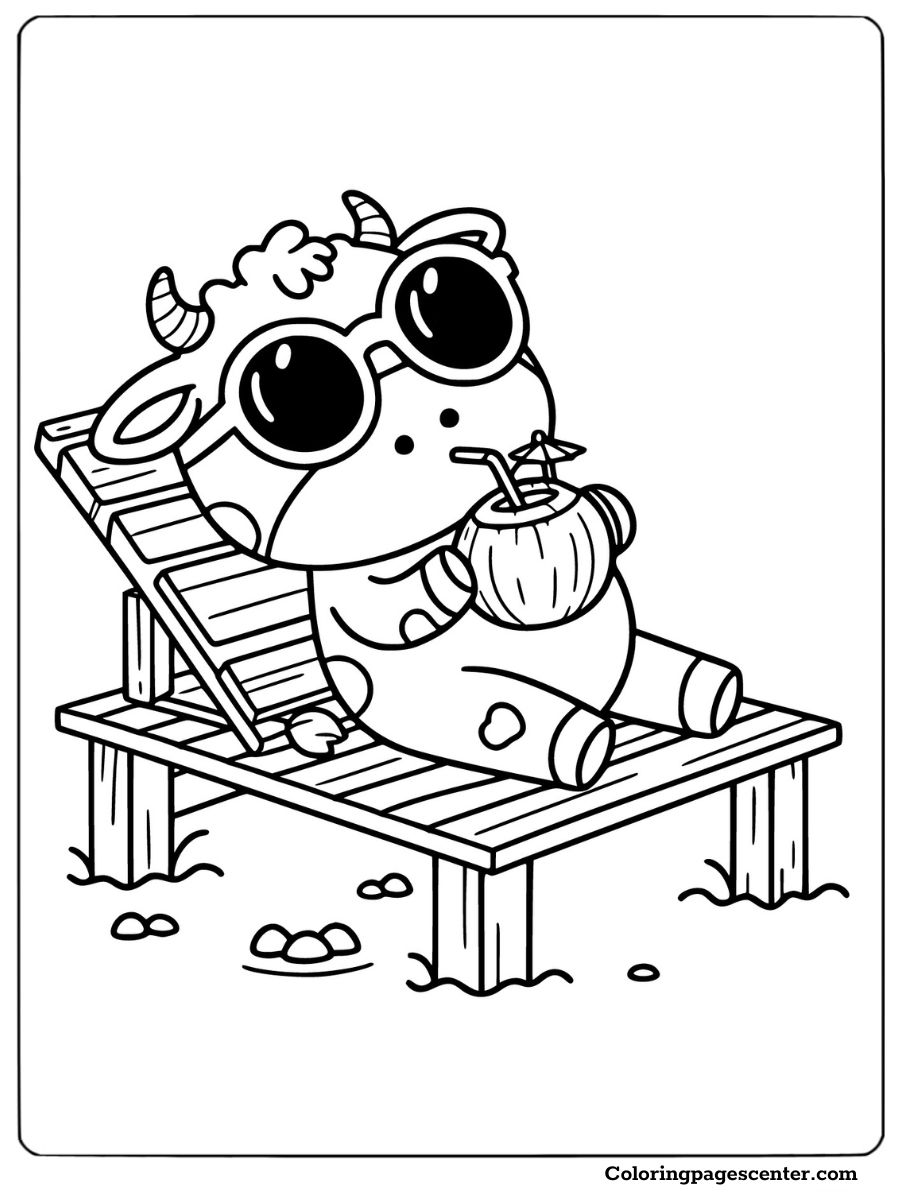 Relaxed cow enjoying the beach with sunglasses coloring sheet