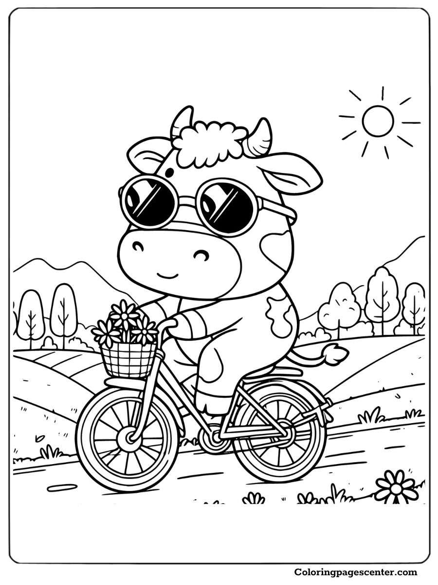 Adorable cow riding a bicycle in nature coloring sheet