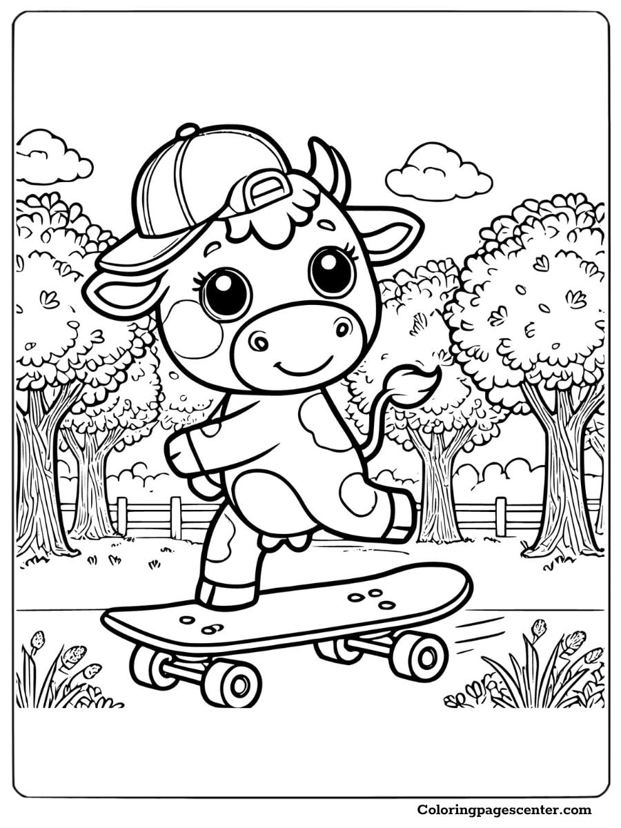 Cute and funny cow on a skateboard coloring page