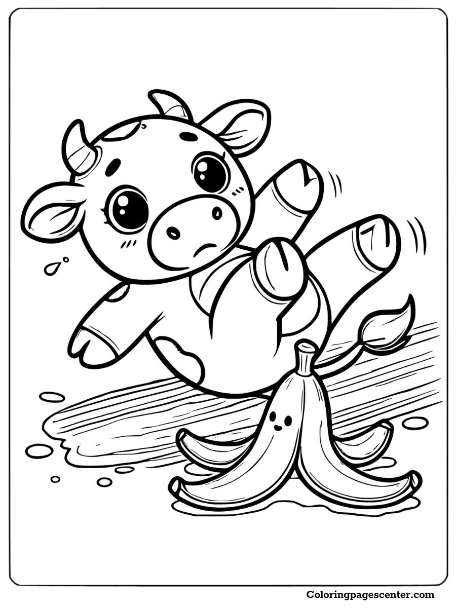 Hilarious cow slipping on a banana peel coloring sheet