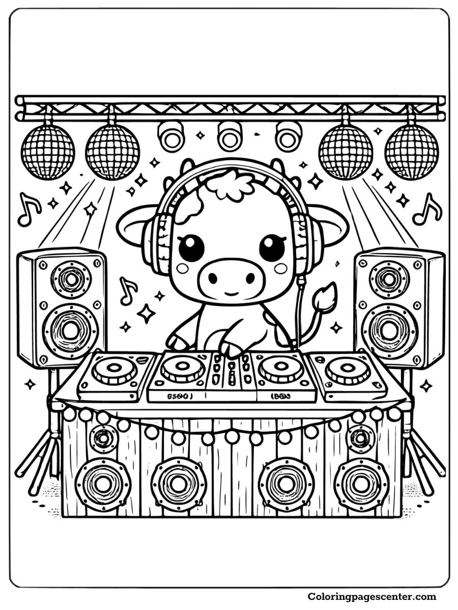 Cool DJ cow spinning music at a party coloring page