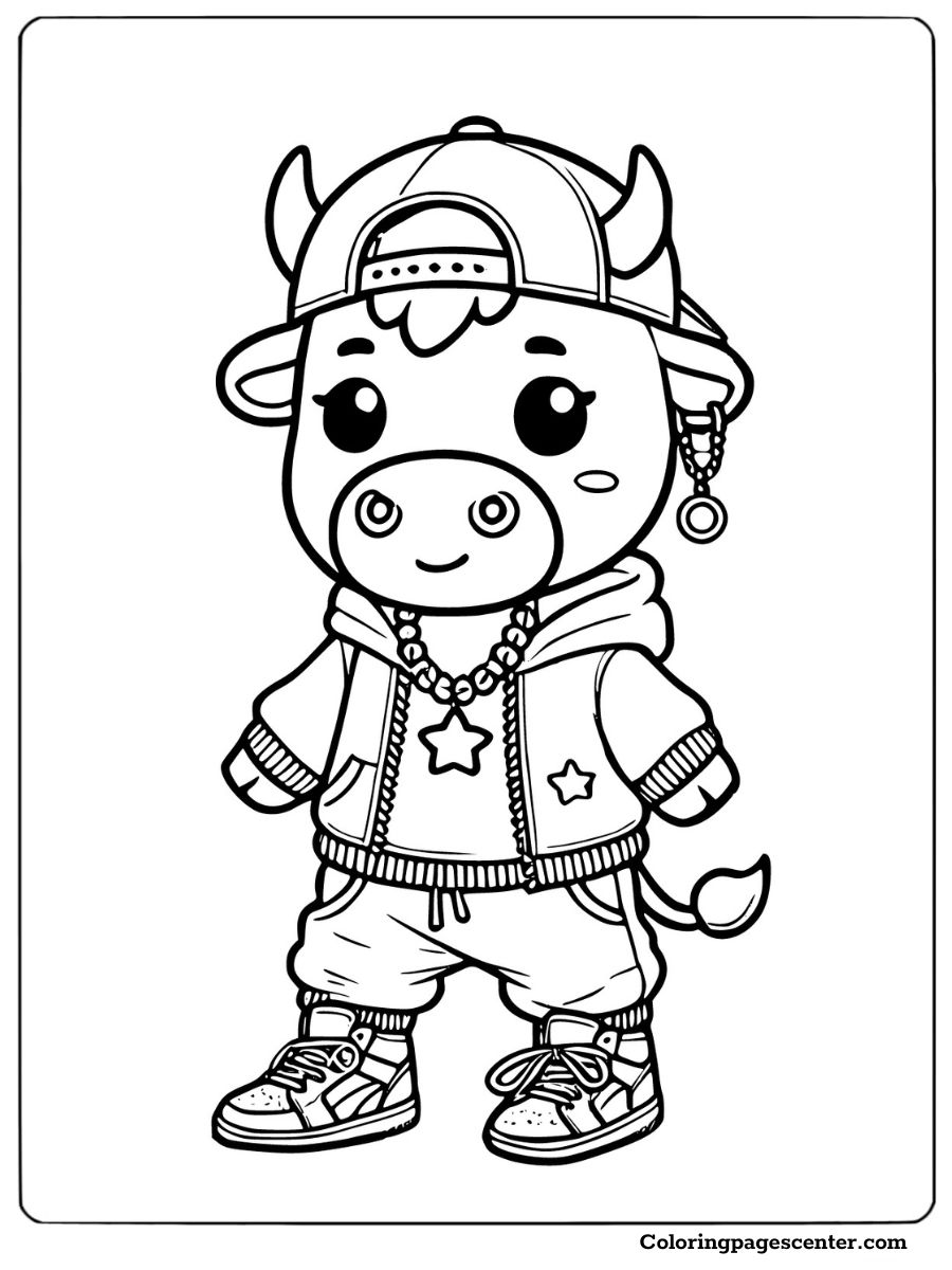 Stylish hip-hop cow with cool outfit coloring page