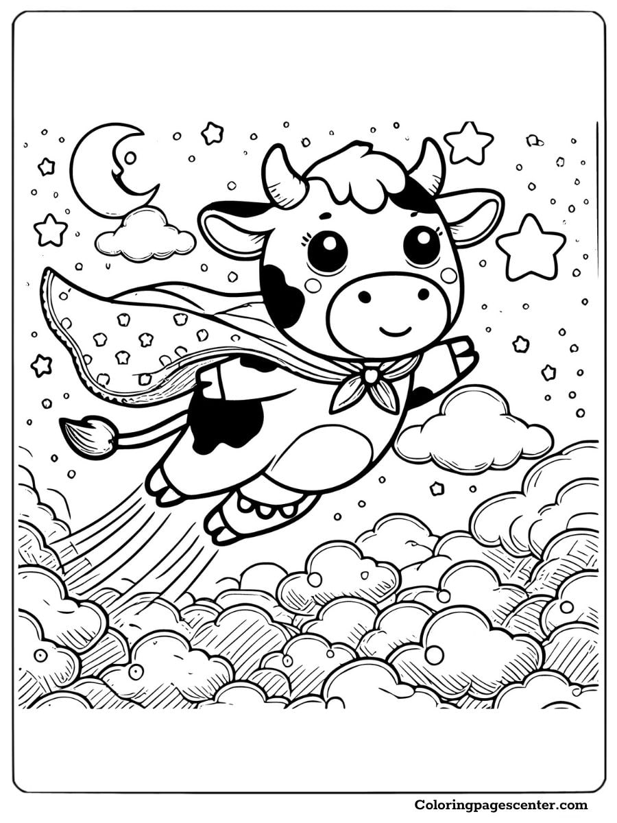 Superhero cow flying in the sky coloring page