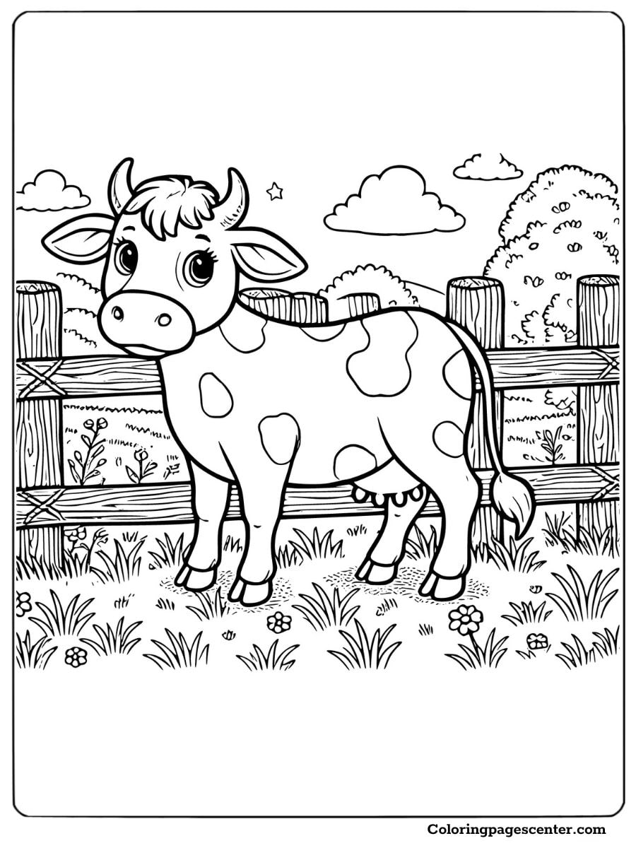 Friendly Holstein cow in a pasture with a wooden fence coloring page