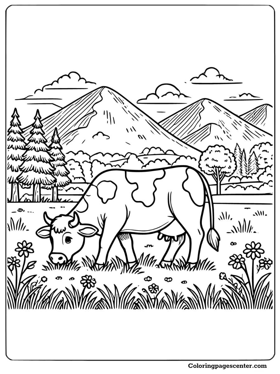 Holstein cow grazing in a meadow with mountains coloring page