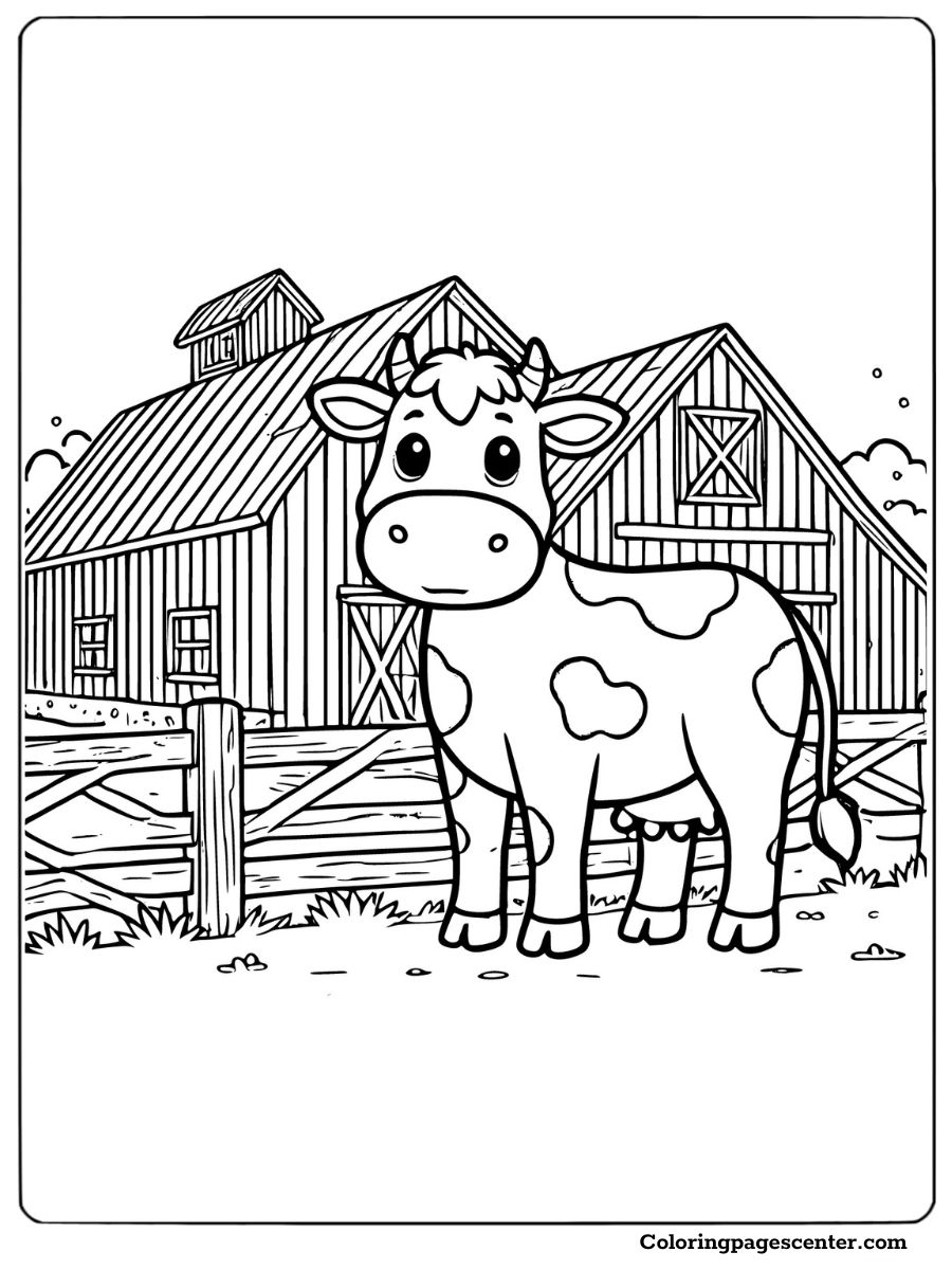 Holstein cow near a rustic barn coloring page