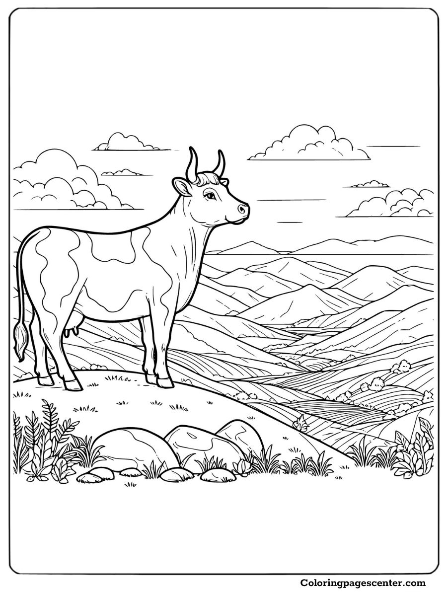 Holstein cow standing on a hill with mountains coloring page