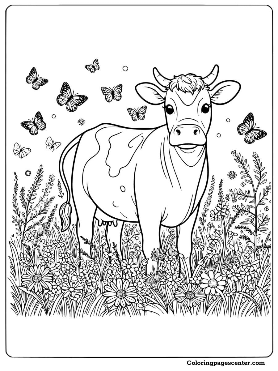 Holstein cow surrounded by flowers and butterflies coloring page