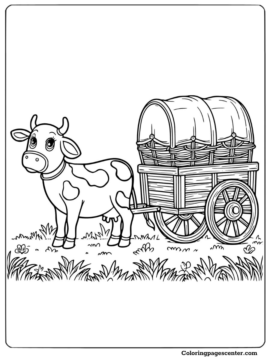 Holstein cow pulling a cart filled with hay coloring page