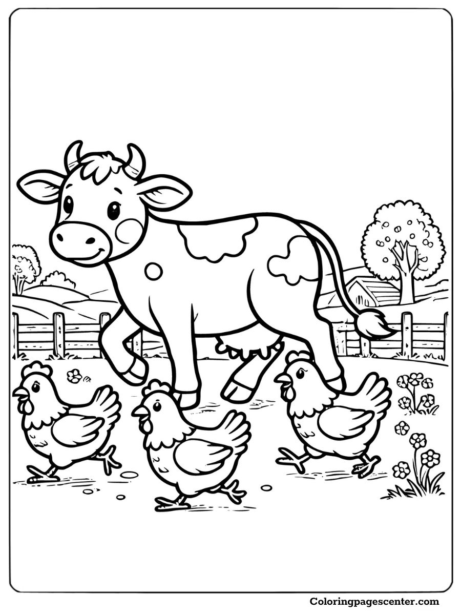 Holstein cow walking through a field with chickens coloring page