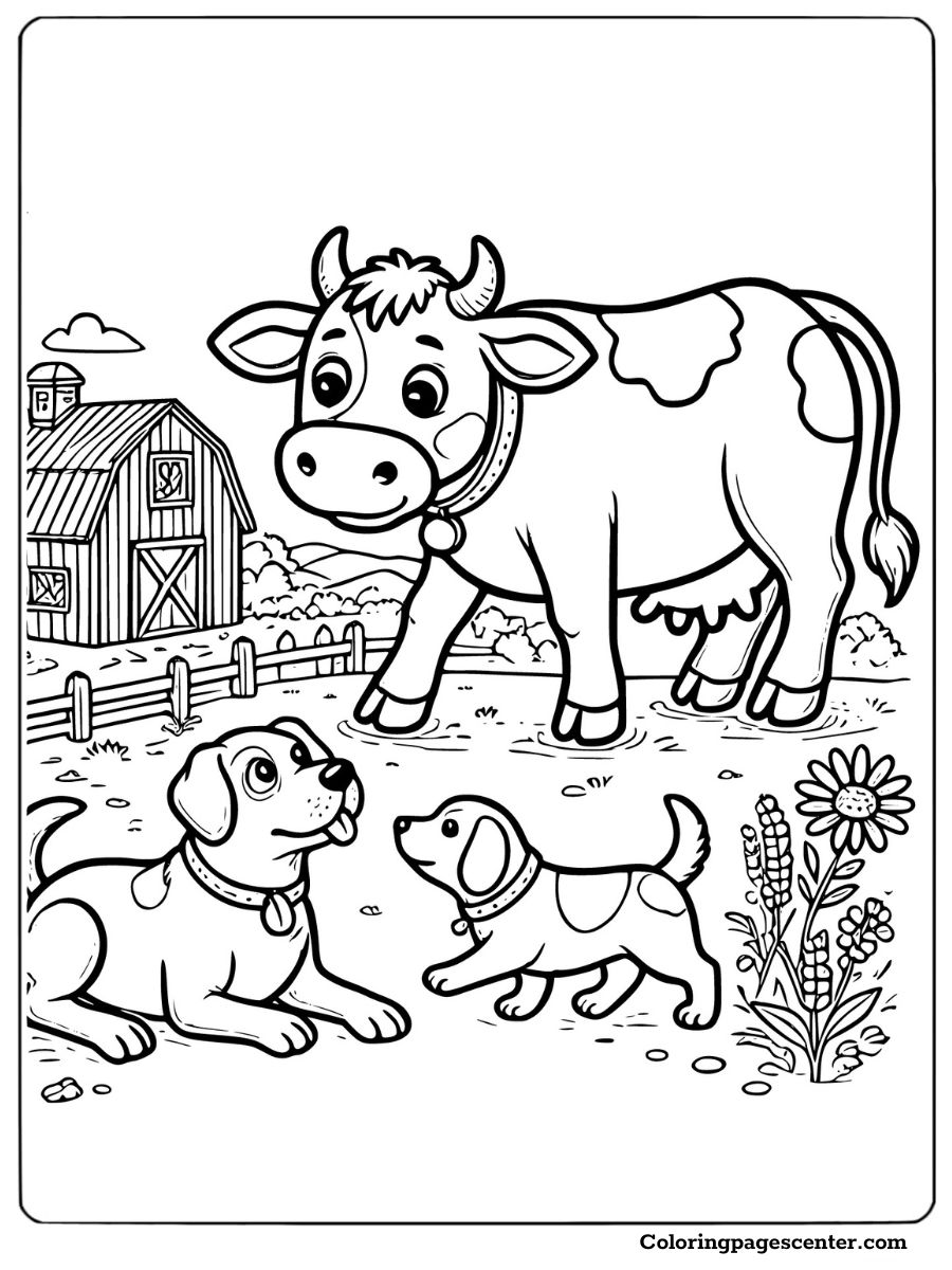 Holstein cow standing beside puppies on a farm coloring page