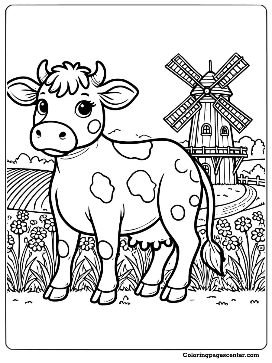 Holstein cow with a windmill in the background coloring page