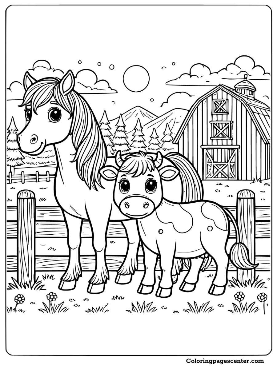 Coloring page featuring a horse and cow near a barn